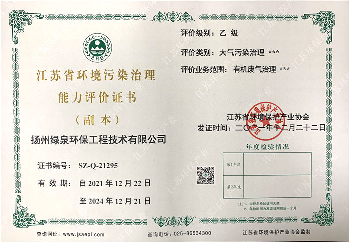 江蘇省環(huán)境污染治理能力評(píng)價(jià)證書(shū)